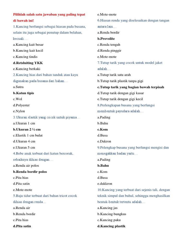 Kumpulan Contoh Soal BLK Menjahit PDF
