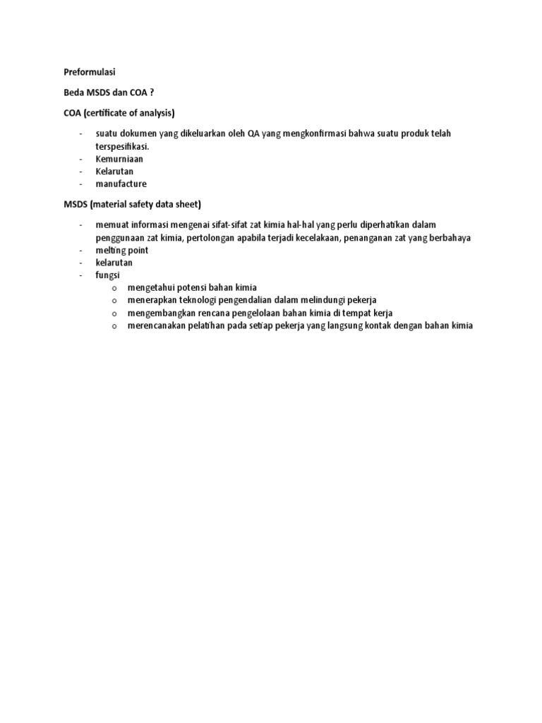 Perbedaan COA dan MSDS dalam Kimia | PDF | Sains & Matematika