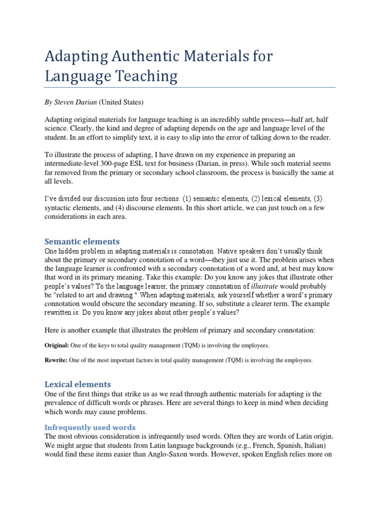 Adapting Authentic Materials For Language Teaching PDF PDF Idiom Word