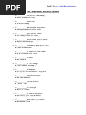 Soal Latihan Bahasa Inggris Wh Questions