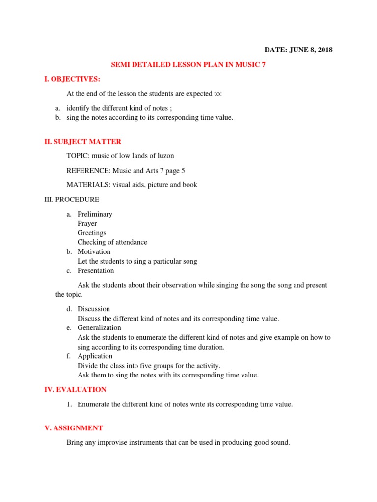 Grade 7 Music Lesson Plan on Notes | PDF