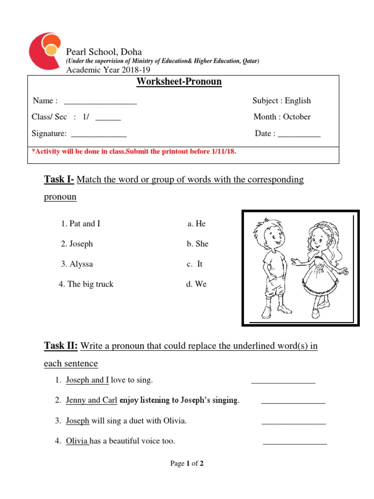 Worksheet-Pronoun: Pearl School, Doha | PDF