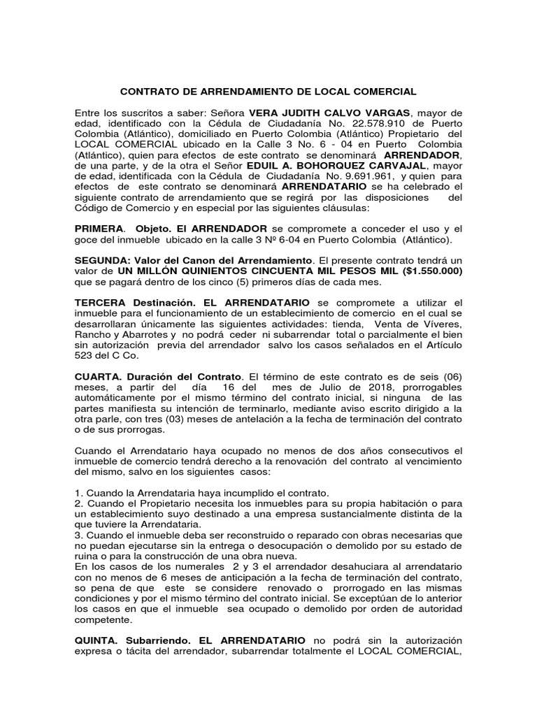 Contrato De Arrendamiento De Local Comercial 2019 Alquiler