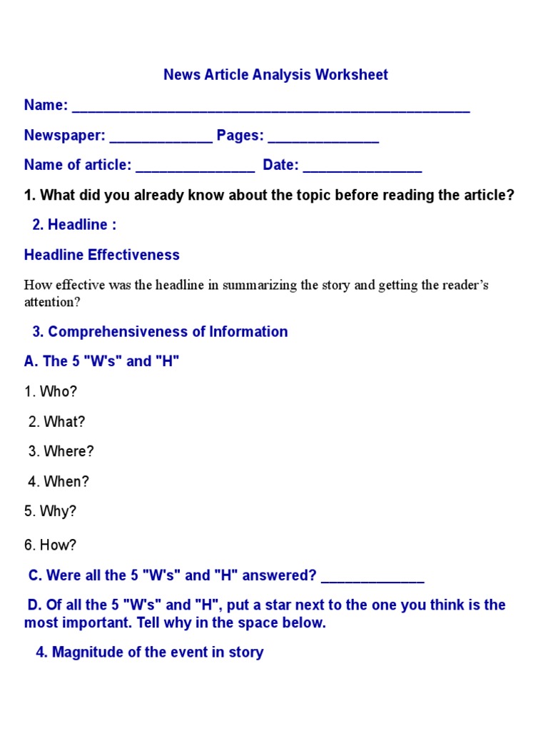 NEWSPAPER ARTICLE ANALYSIS WORKSHEET intelligence overview