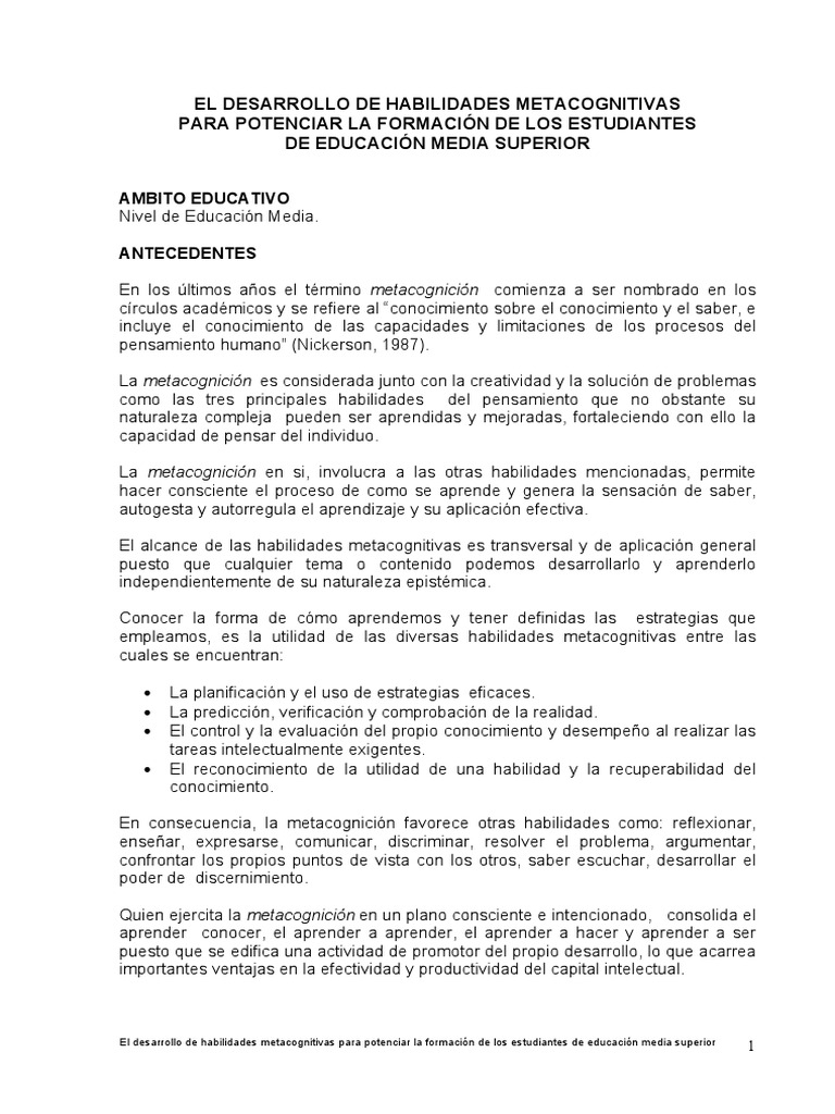 Desarrollo de Habilidades Metacognitivas | PDF | Teoria de la mente ...