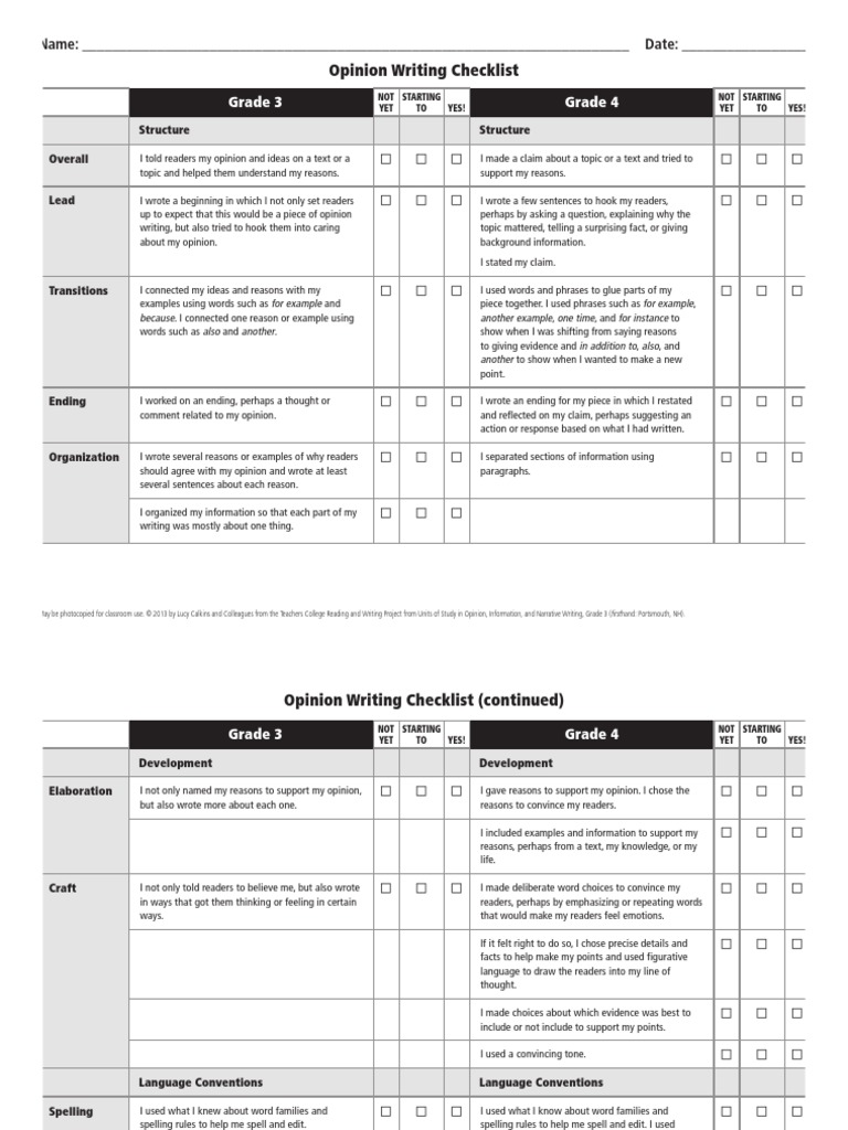 Opinion Writing Checklist Grade 3 and Grade 4 PDF Punctuation Reason