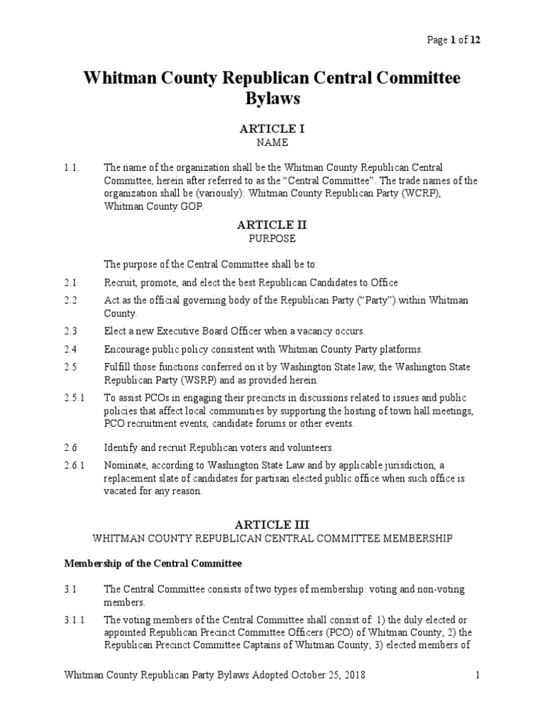 Whitman County Republican Central Committee Bylaws 2018 Committee Board Of Directors