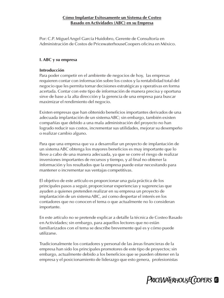 Cómo Implantar Exitosamente Un Sistema de Costeo Basado en Actividades ...