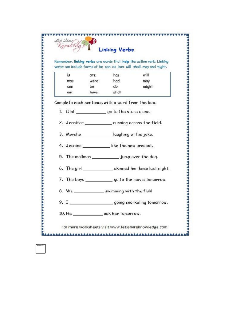 Linking Verbs Exercise PDF