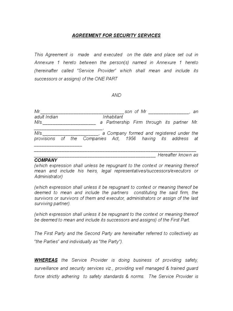 Security Services Agreement Template | PDF | Indemnity | Negligence