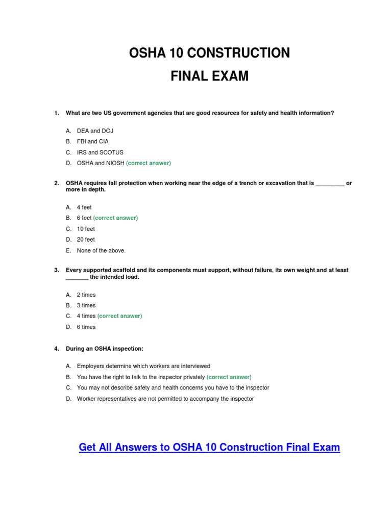 OSHA 10 Construction Final Exam Answer Key Occupational Safety And