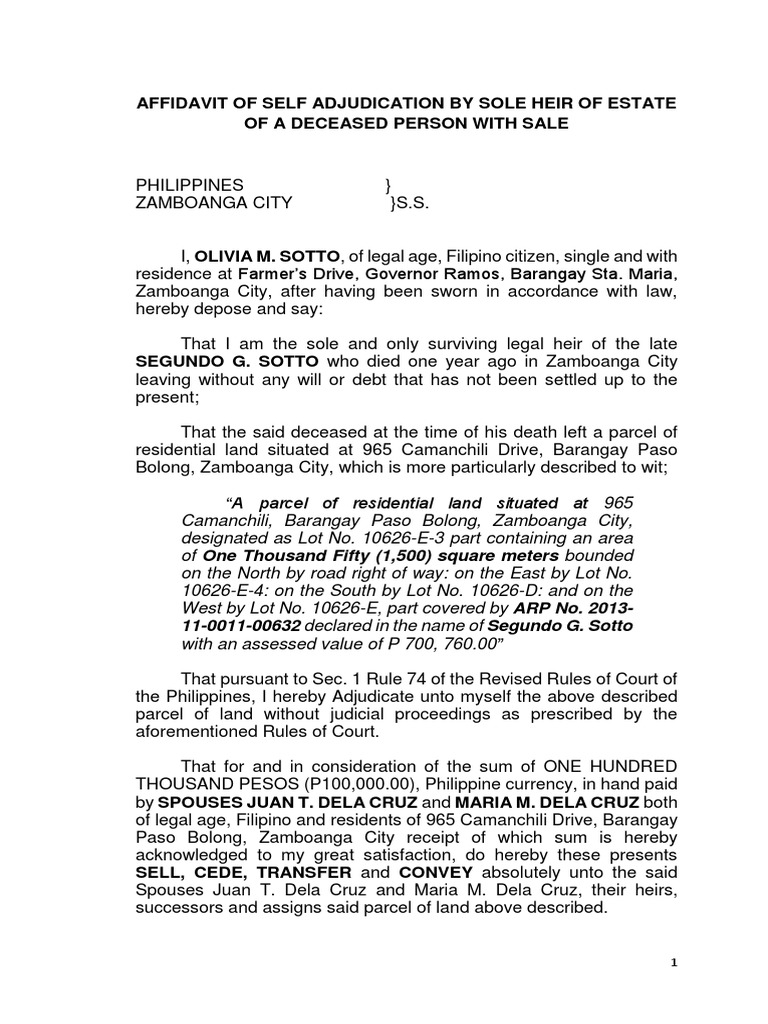 AffidavitofSelfAdjudicationbySoleHeirofEstateofaDeceased