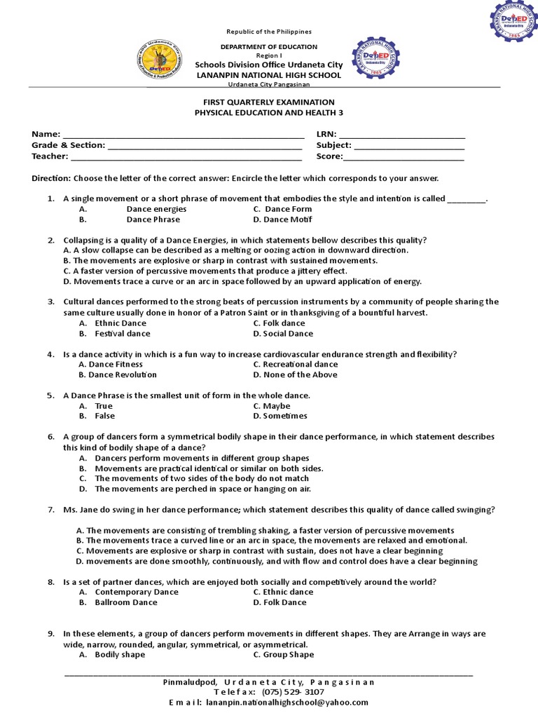 Grade 12 PE and Health Exam Review | PDF | Dances | Performing Arts