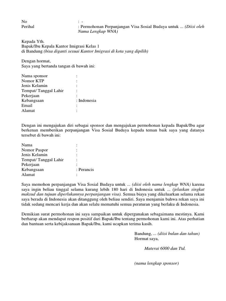 Contoh Surat Sponsor Untuk Perpanjangan Visa Sosbud Pdf