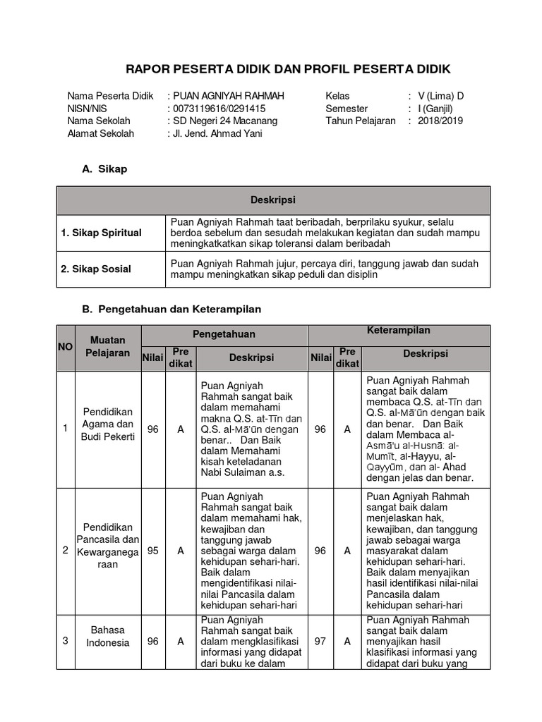 Rapor K13 Puan Agniyah Semester 1 | PDF