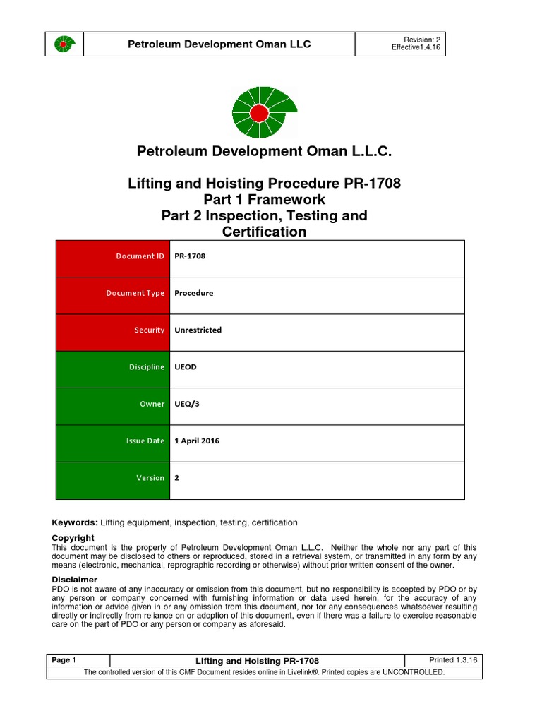 Lifting and Hoisting Procedure PR1708 v2 2016 PDF Crane (Machine