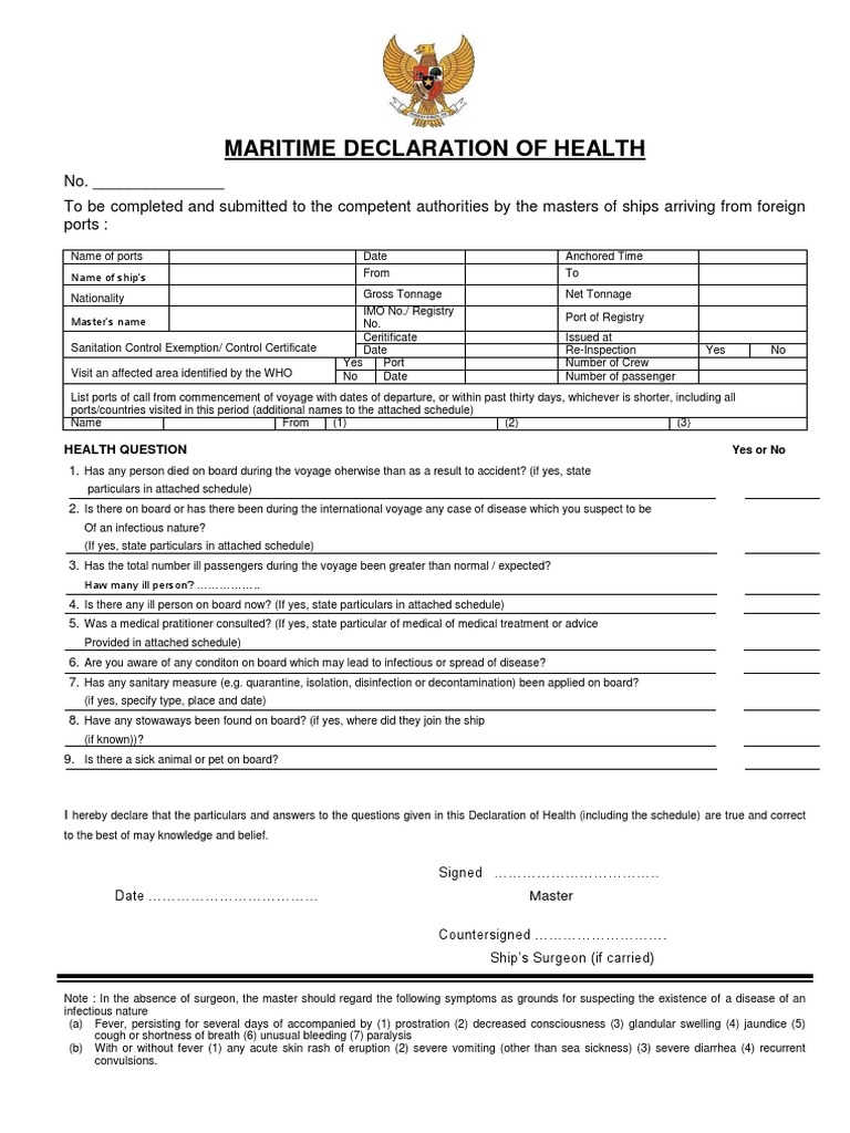 Indonesia Maritime Health Declaration Form | PDF | Quarantine ...