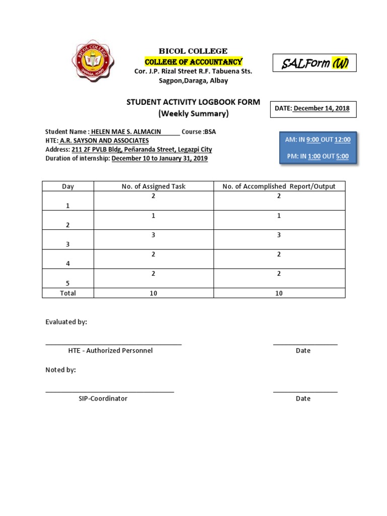 Salform (W) : Student Activity Logbook Form (Weekly Summary) | PDF