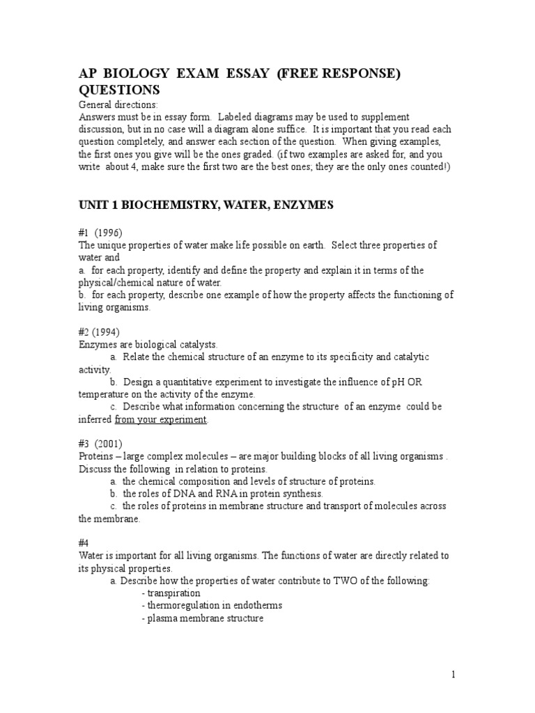 Ap Biology Exam Essay (Free Response) Questions Unit 1 Biochemistry