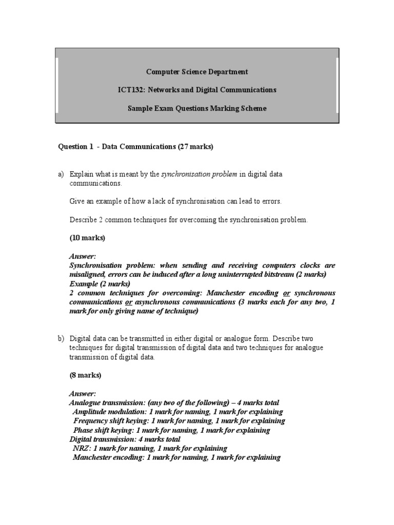 Networking Sample Exam Questions Marking Scheme 20034 Semester 2