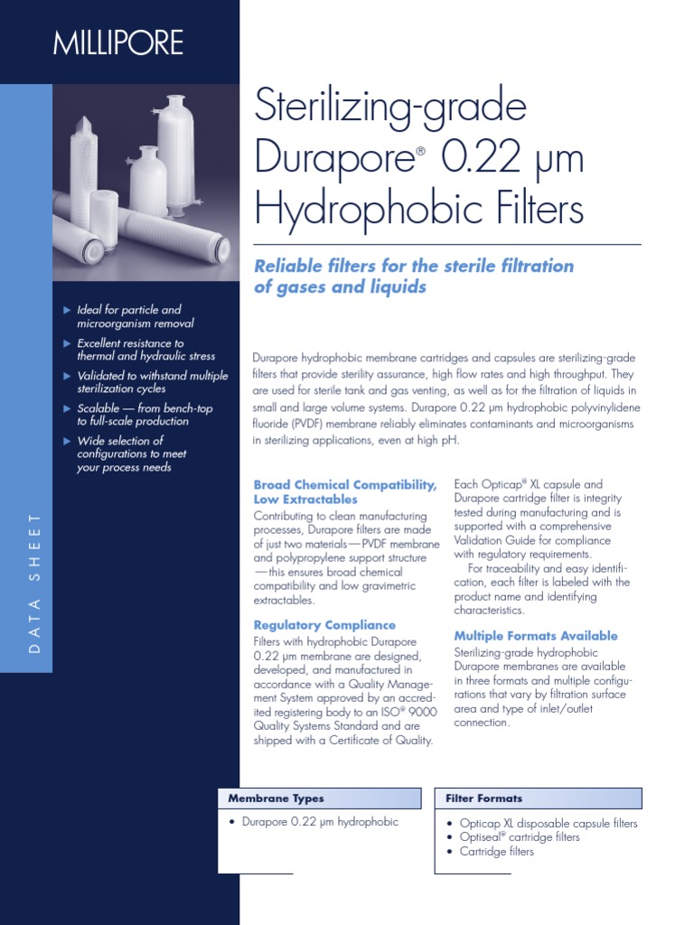Sterilizinggrade Durapore® 0.22 μm Hydrophobic Filters PDF