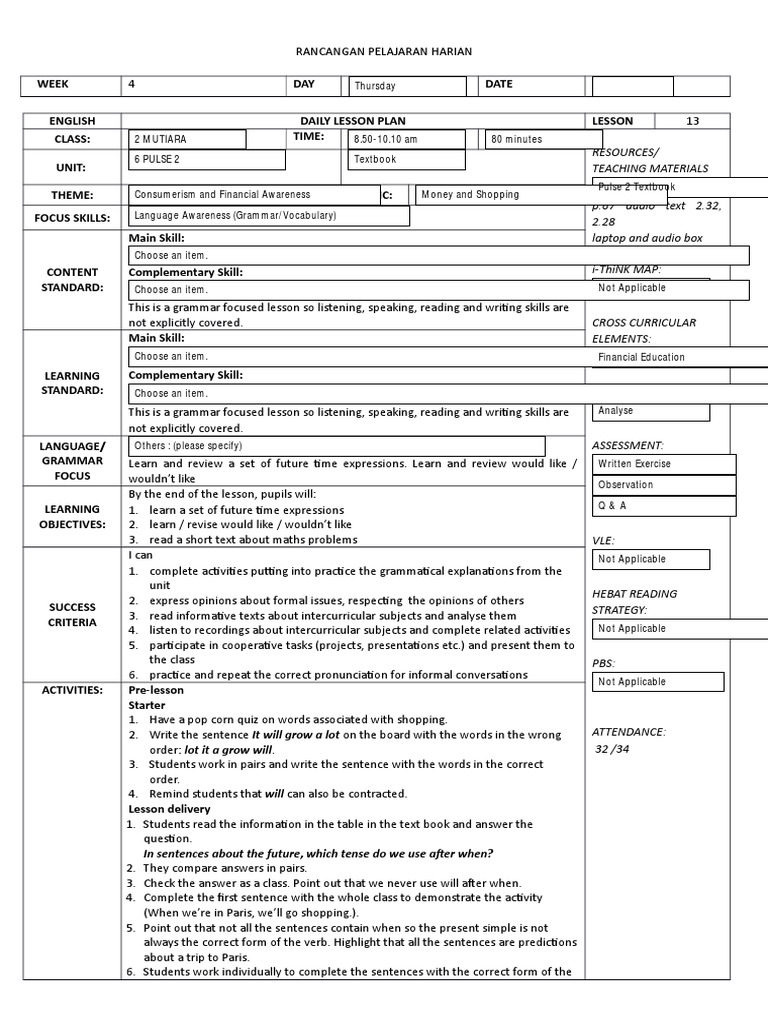 Form 2 Lesson Plan Cefr 2018mutiara13 | PDF | Lesson Plan | Grammar