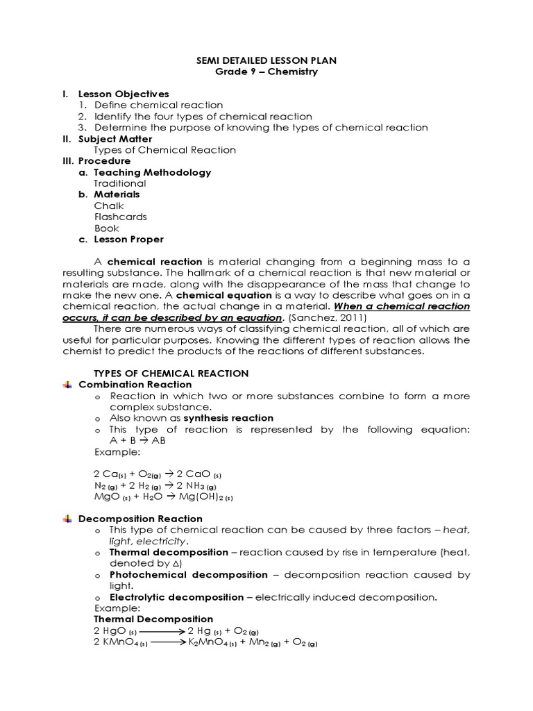 Chemical Reactions Lesson Plan | PDF | Chlorine | Chemical Reactions