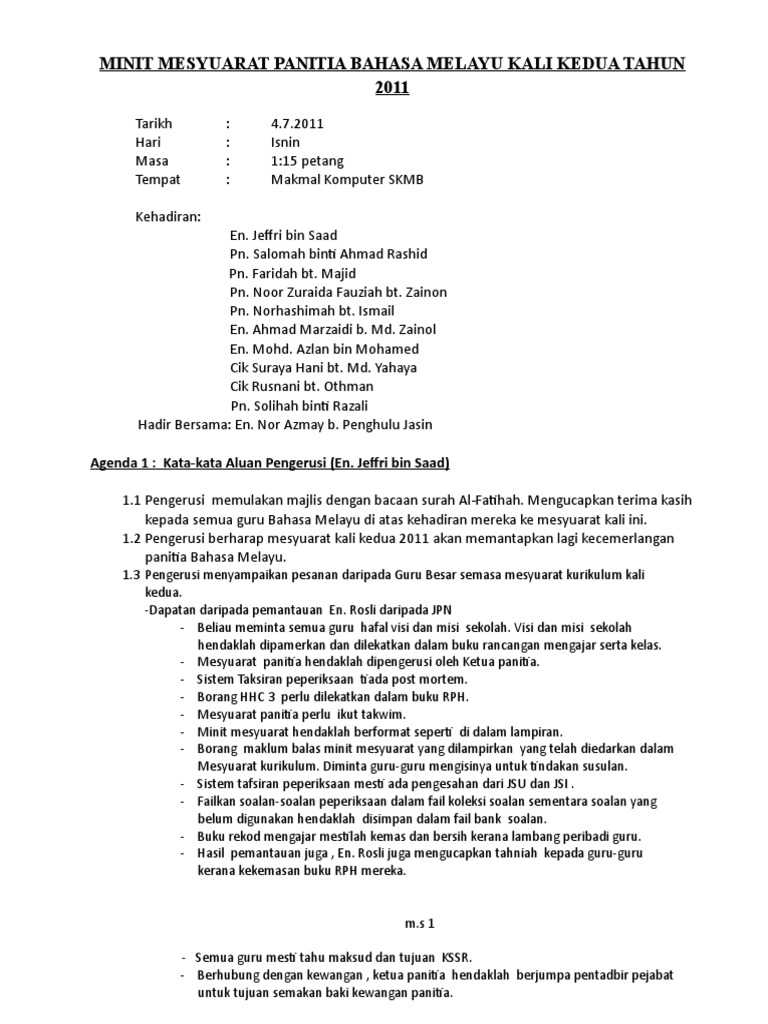 64346566 Minit Mesyuarat Panitia Bahasa Melayu Kali Kedua Tahun 2011 Docx