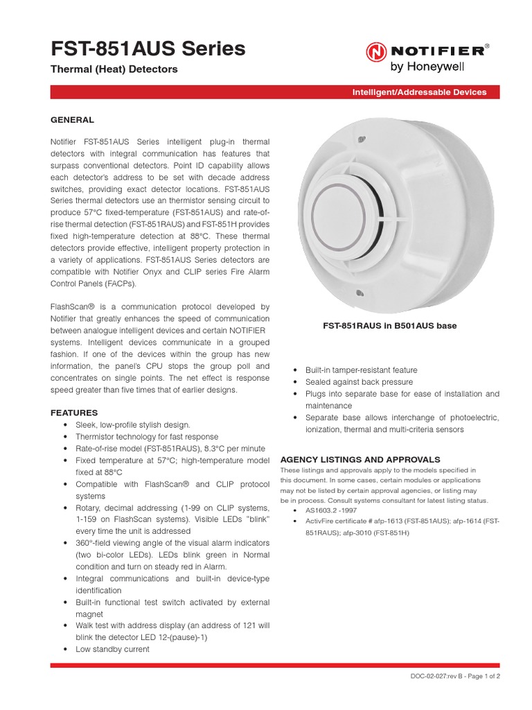 DOC02027 FST851AUS Series Heat Detector Datasheet Rev B PDF