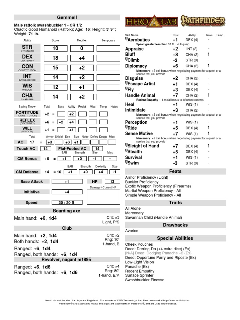 STR 0 10 DEX +4 18 CON +2 15 INT +2 14 WIS +1 12 CHA +2 14: Gemmell ...