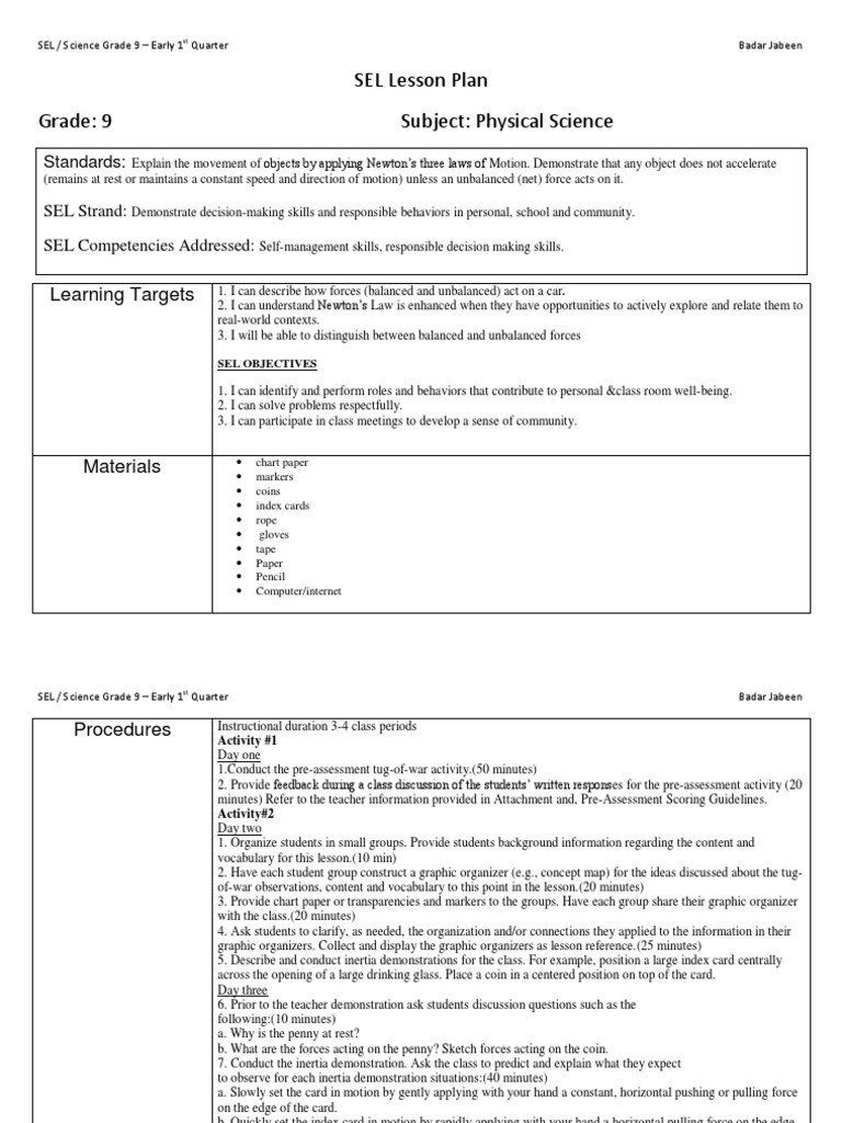 Grade 9 Science: Forces & Inertia Lesson Plan | PDF | Inertia | Force