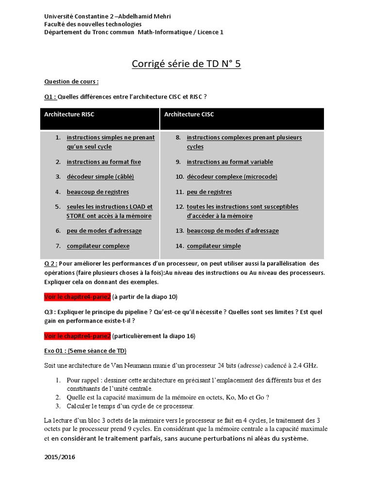 Composant td5 Corrige PDF | PDF | Processeur | Électronique numérique