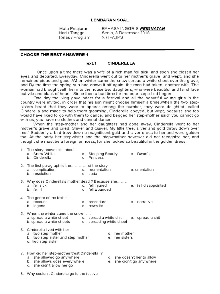 Soal Peminatan Klas X Snow White Grimms Fairy Tales