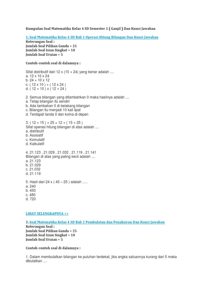 Soal Matematika Kelas 4 SD Semester 1 | PDF