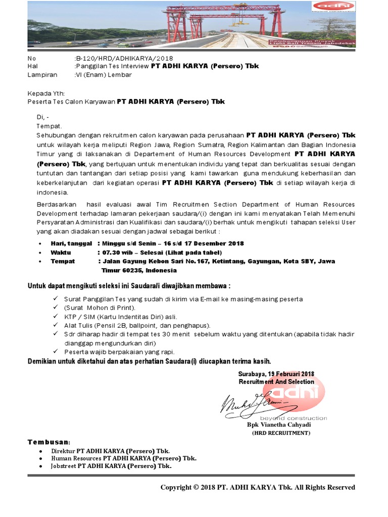 Undangan Interview Pt Adhi Karya Persero Tbk Surabaya