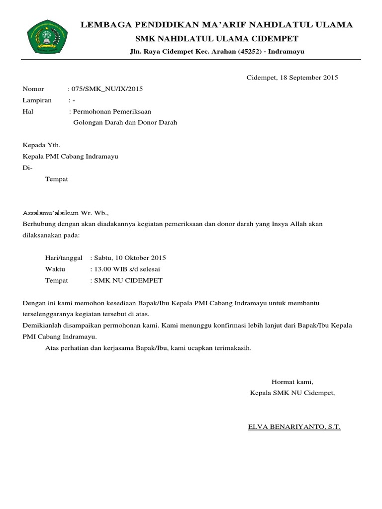 Surat Permohonan Kerjasama Donor Darah Ke Pmi