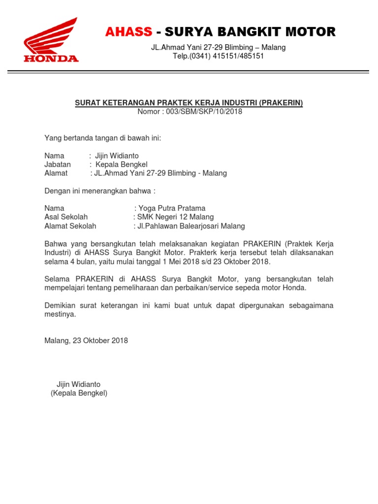 Surat Keterangan Magang Kerja