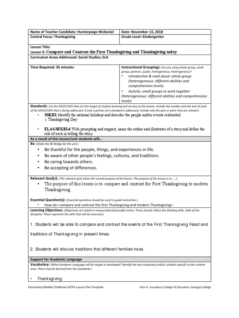 Thanksgiving Lesson 9 Educational Assessment Lesson Plan
