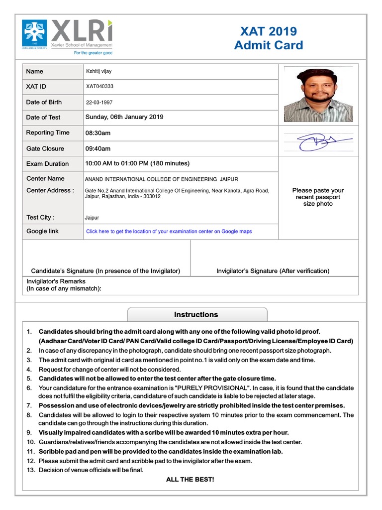 XAT 2019 Exam Admit Card Instructions | PDF | Identity Document ...