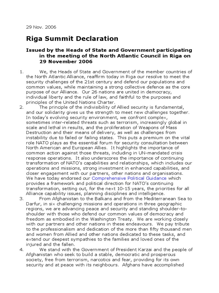 29 Nov 2006 - Riga Declaration Summit | PDF | Nato | Nuclear Proliferation