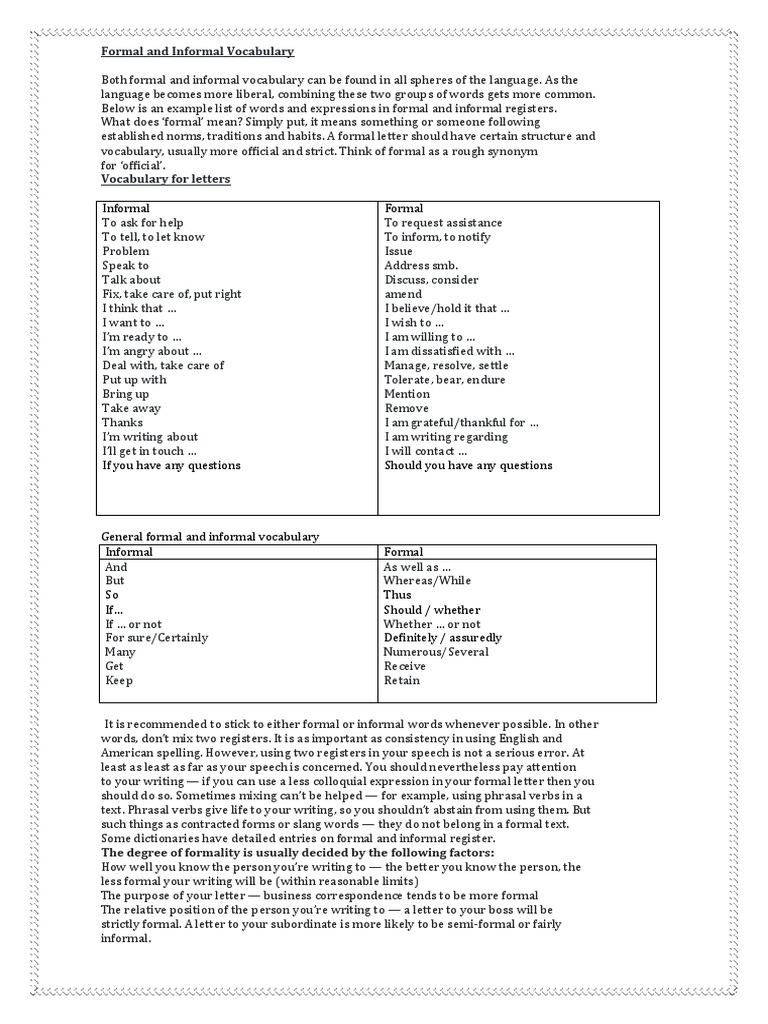 Formal and Informal Vocabulary | PDF | Vocabulary | English Language