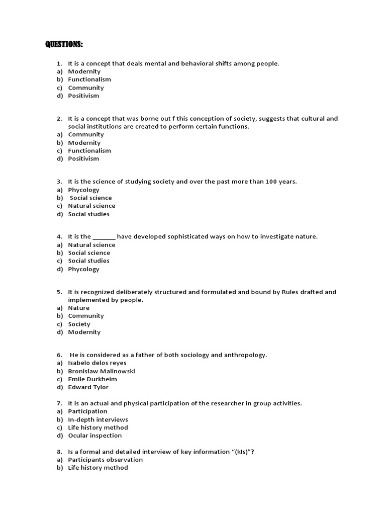 Philippine History Questions PDF Phenomenology (Philosophy) Sociology