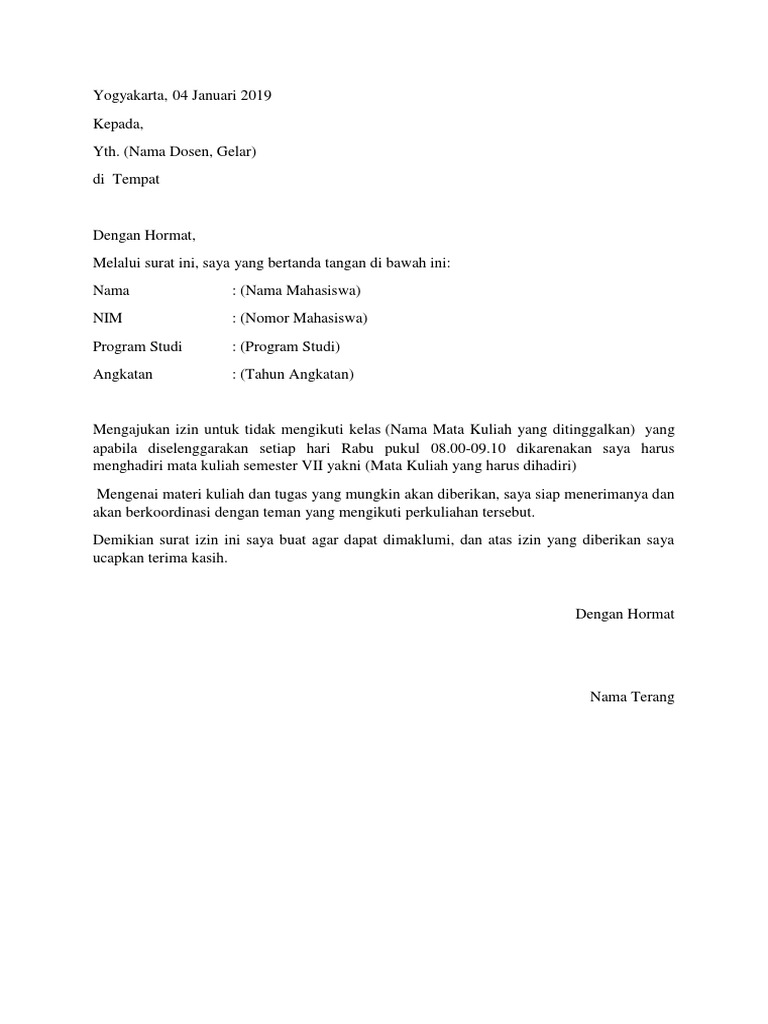 Contoh Surat Izin Kuliah