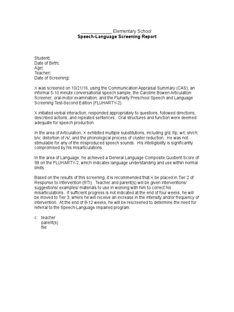 Speech-Language Screening Report | PDF | Foreign Language Studies