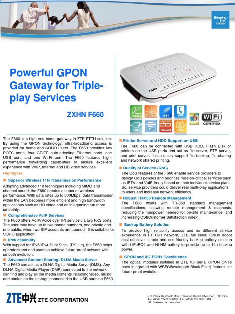 ZTE ZXHN F660 GPON Gateway Overview | PDF | Voice Over Ip