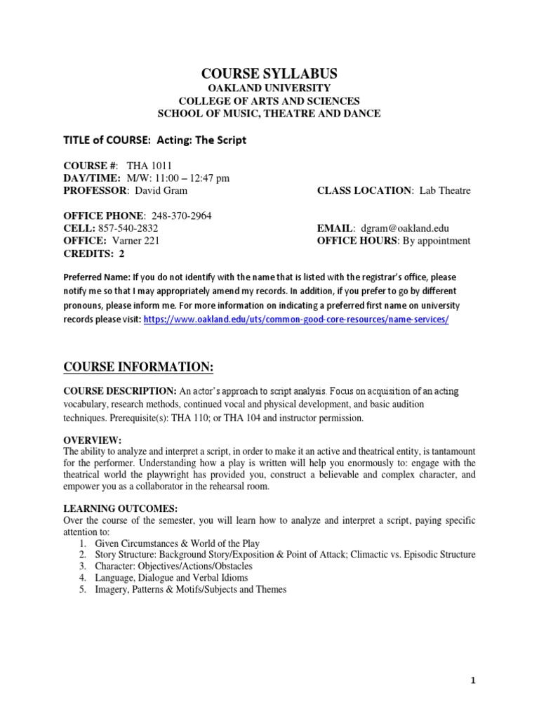 Course Syllabus: TITLE of COURSE: Acting: The Script | PDF | Plagiarism