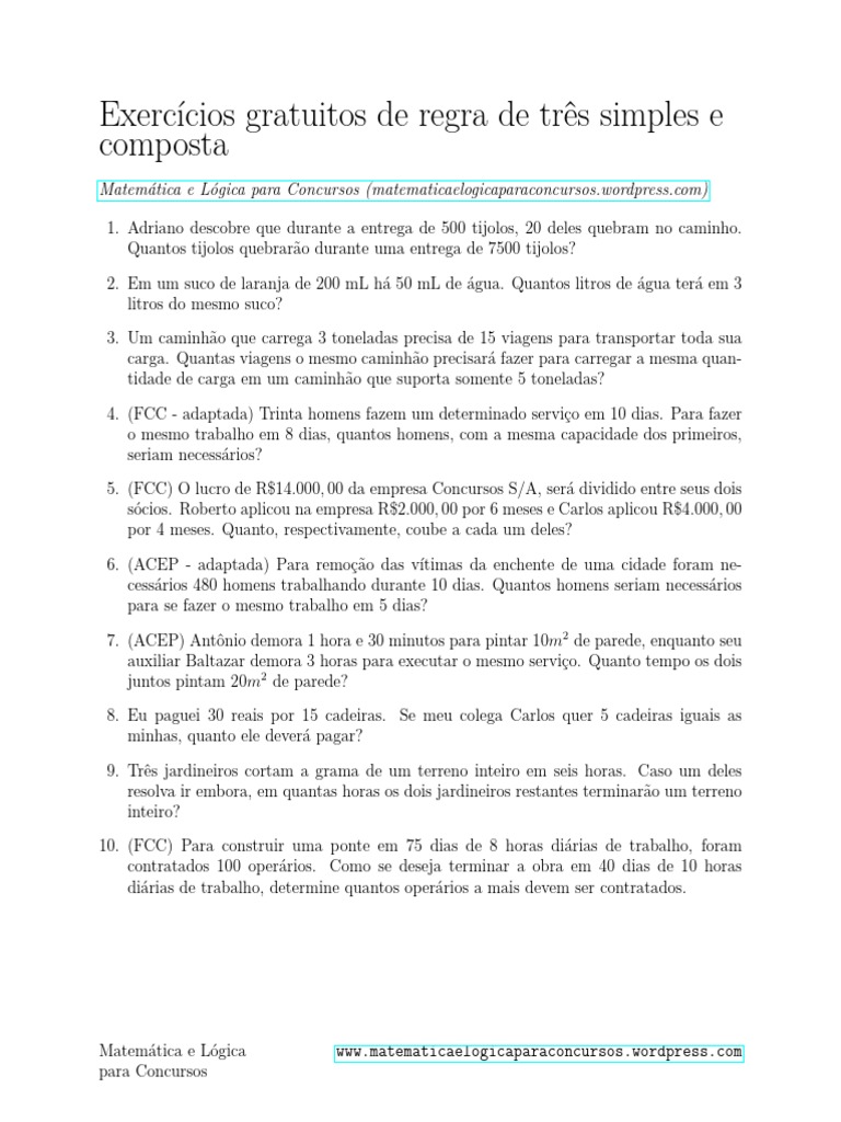 Lista de Exercícios Gratuita Sobre Regra de Três Simples e Composta Com ...