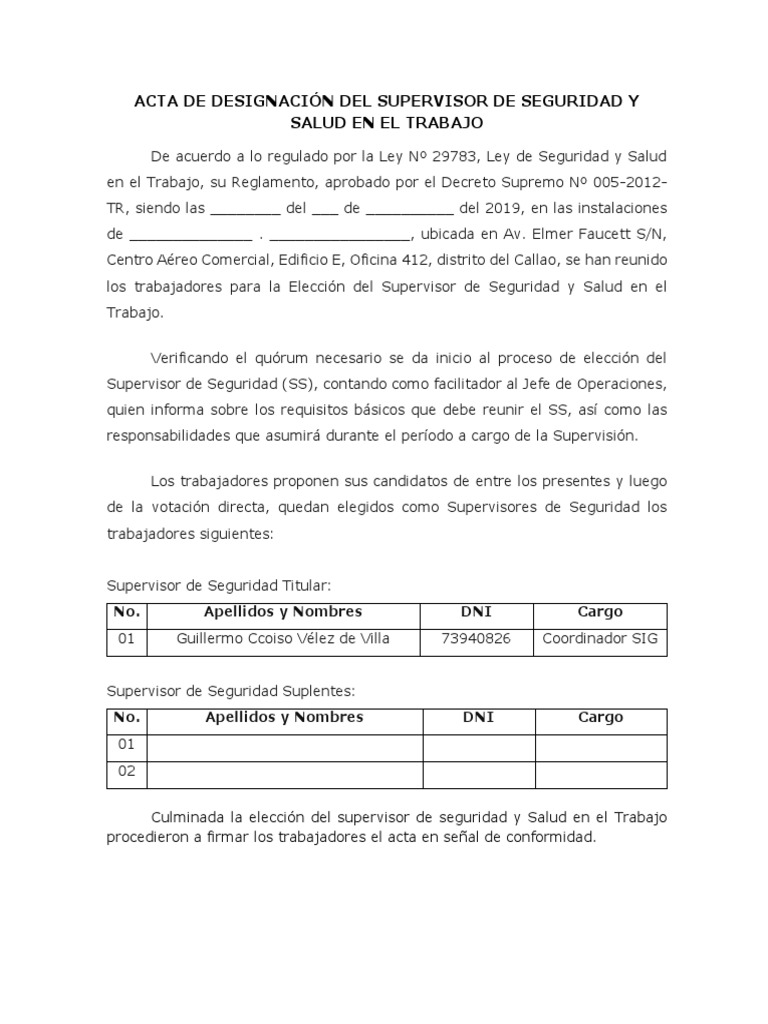 Acta De Nombramiento De Supervisor De Seguridad Y Salud En El Trabajo