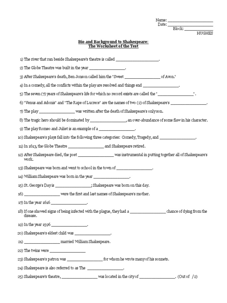 Shakespeare Worksheet for Students | PDF | William Shakespeare