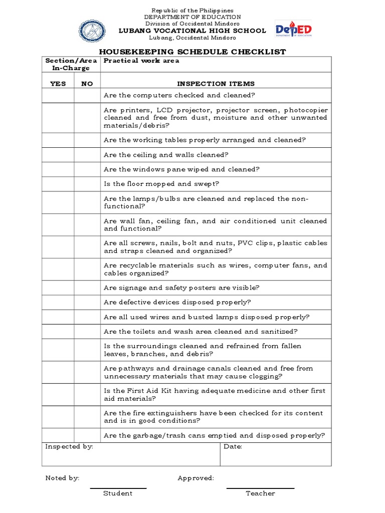 F3 Housekeeping Maintenance Checklist Housekeeping Equipment